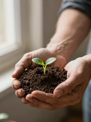 Hands of a farmer holding rich dark soil with small green sprouts, soft natural outdoor light, shallow depth of field, warm editorial style