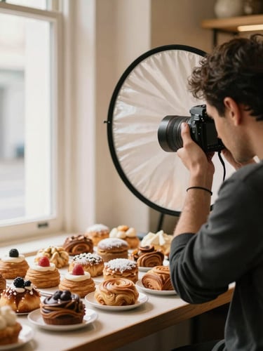 Over-the-shoulder shot of a photographer adjusting a reflector beside a table of artisanal pastries in a sunlit bakery.