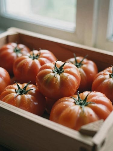 Close-up of freshly harvested heirloom tomatoes in a wooden crate, soft morning window light, rich earthy tones, 35mm film