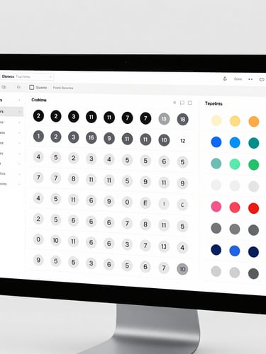 Overhead macro view of a structured design system UI kit on a monitor, displaying typography scales, button states, and color tokens, crisp digital product photography, 50mm