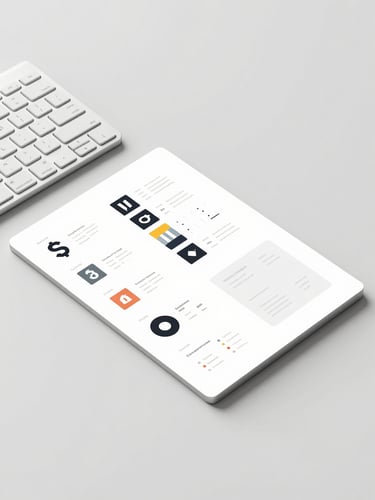 Overhead shot of a minimalist designer desk setup, aluminum keyboard, crisp printed design system guidelines, sharp direct studio lighting, high contrast