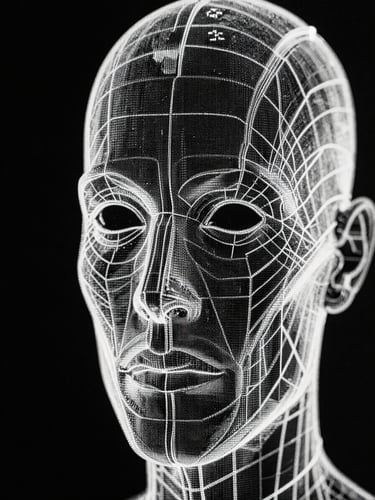 Stark close-up of a high-contrast digital wireframe interface on a screen, sharp monochrome pixels, hard direct studio light, macro lens