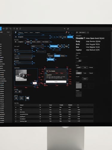 Crisp digital product photography of a dark mode UI design system component library in Figma, showing auto-layout tokens, strict typographic hierarchy, and precise spacing markers, clean minimal studio background, 50mm.