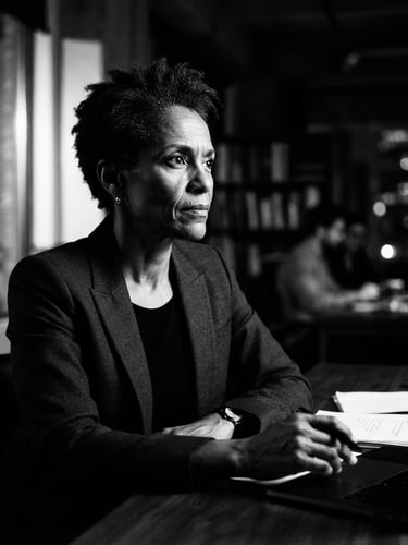 Stark high-contrast black and white portrait of a confident strategist looking off-camera, dramatic side-lighting, deep shadows, 35mm film grain