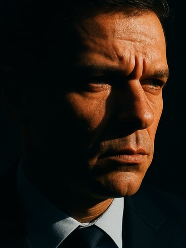 A close-up dramatic portrait of a focused executive in deep shadow, side-lit by sharp morning sun, high contrast, intense facial expression, 35mm film grain