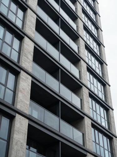 Architectural close-up of a modern high-rise facade under diffused overcast light, showing raw poured-in-place concrete meeting dark steel window frames and floor-to-ceiling glass panels.