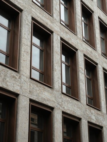 Strict one-point perspective portrait view of a residential building facade showing raw concrete structural columns meeting deep bronze window frames.