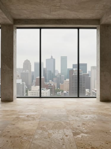 A quiet, minimalist living room with raw concrete structural pillars, floor-to-ceiling glass framing a soft overcast city skyline, and warm travertine stone floors.