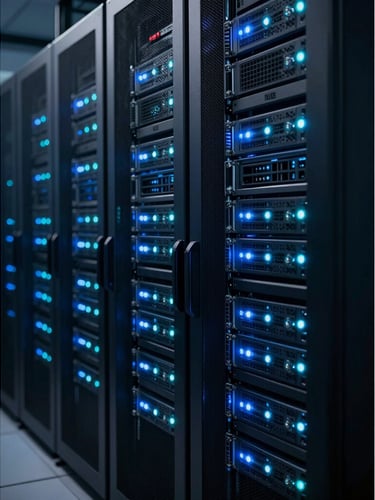 Macro shot of high-security server racks in a dark data center, glowing cool blue and cyan status lights, clean clinical environment, high-contrast tech-noir aesthetic, sharp focus