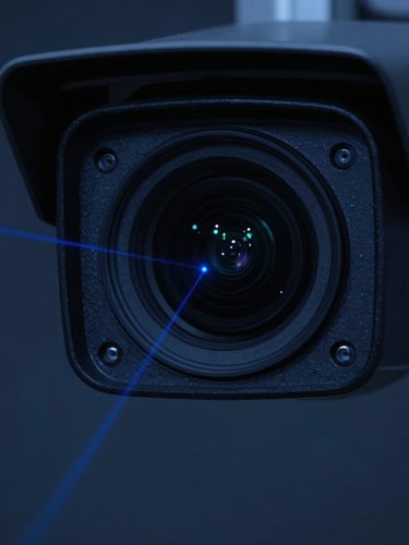 Close-up of a high-tech thermal security camera lens, dark night setting, subtle blue laser telemetry line reflecting on glass, sharp focus