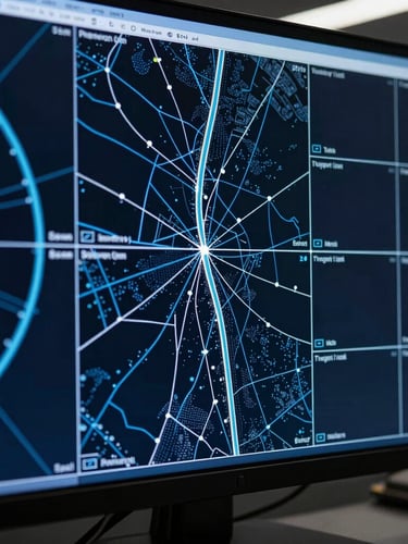 Close-up of a high-tech tactical monitoring screen showing real-time telemetry maps and GPS tracking lines in cool blue tones