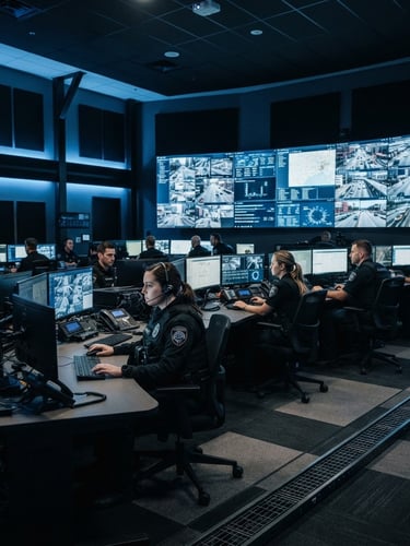 Wide cinematic shot of a high-tech security command center, dark obsidian tones, cool blue LED telemetry screens, professional operators in dark tactical gear monitoring video walls in the background, sharp focus, 35mm lens