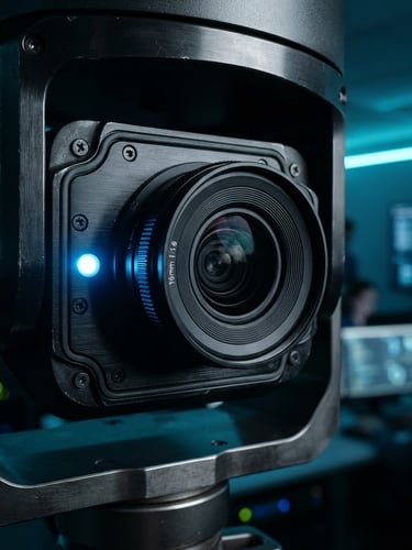 Macro shot of a high-tech security camera optical lens, cool blue LED status indicator light, dark metallic housing, twilight setting, sharp focus, 35mm lens