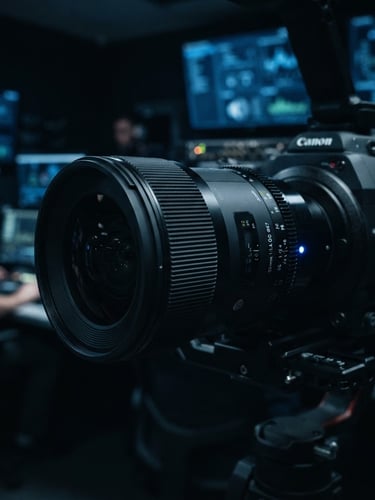 Cinematic macro shot of a high-tech optical camera lens with a glowing blue LED indicator, dark tactical control center background, sharp focus, cool blue telemetry tones, 35mm lens.