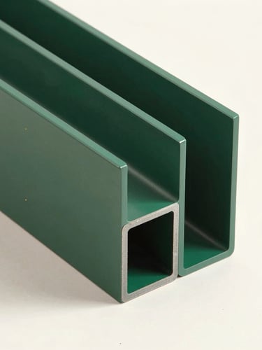 Close-up of a premium architectural metal profile being precision powder-coated in a rich matte forest green finish with subtle gold metallic flecks, clean studio lighting