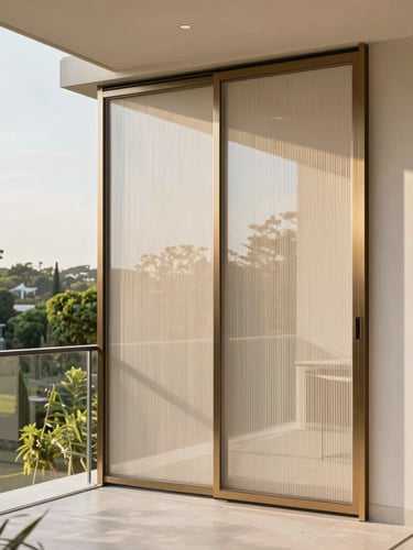 Architectural eye-level shot of a sun-drenched modern villa balcony, high-end pleated mesh screen partially retracted into a slim bronze frame, soft golden hour light filtering through, lush green landscape visible outside.