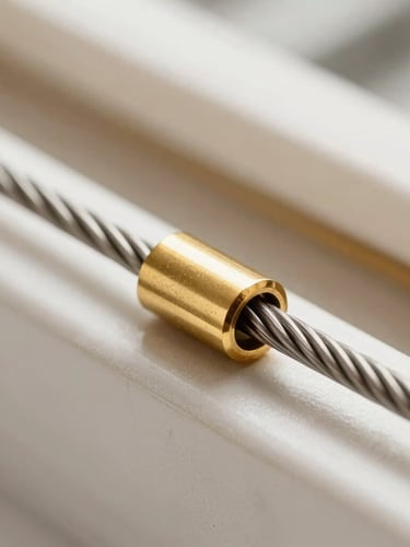 Macro detail shot of high-tensile marine-grade stainless steel tension wires and gold-accented powder-coated frame joints, sharp focus, warm editorial tone.