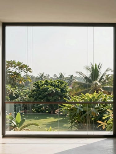 Architectural eye-level shot of a minimalist luxury villa balcony in South India, sun-drenched interior, thin high-tensile invisible grills framing a lush green landscape, bright natural daylight.