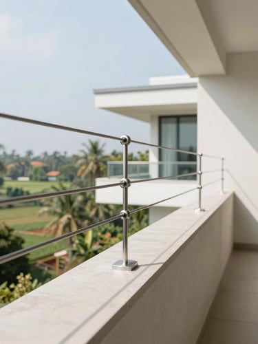 Architectural eye-level macro close-up of high-tensile stainless steel tension wires anchored into a sleek concrete balcony edge, bright natural daylight, clean minimalist luxury villa overlooking lush South Indian landscape, sharp focus.