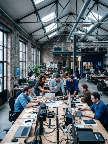 Wide panoramic shot of the interior of the Coachworks creative hub in Ashford, industrial architecture, high-contrast cool window light, collaborative team members working at desks, sharp focus, 35mm lens.