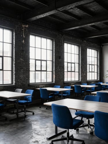 Wide shot of the interior of the Coachworks, an industrial co-working space with exposed brick, large windows, and modern office furniture, cool natural light, sharp focus, deep charcoal and electric blue tones.