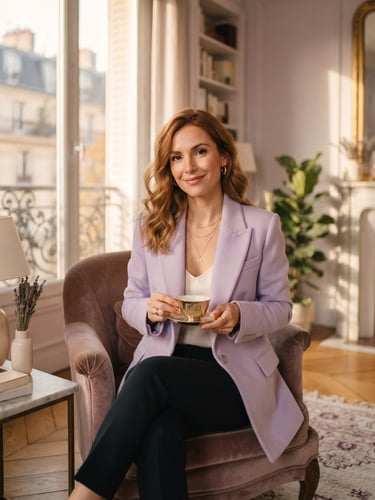 Warm editorial portrait of a sophisticated fashion influencer in a sunlit Parisian apartment, soft window shadows, pastel lavender tones, shallow depth of field.