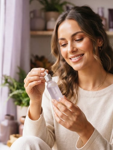 Warm editorial photography of a beauty creator holding a minimalist serum bottle under diffused window light, soft lavender shadows.