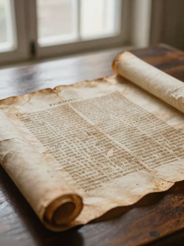 Scholarly documentary photography, wide shot of an ancient, weathered parchment scroll with faded text, partially unrolled on a dark wooden table, soft natural library window light, desaturated earth tones, matte texture, historical archival feel.