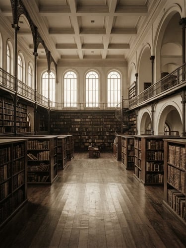 Wide panoramic shot inside an empty, historic Brazilian university library, tall wooden bookshelves, soft natural window light filtering through, desaturated sepia tones, scholarly documentary photography, matte texture, historical archival feel, 35mm, no people.