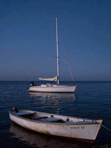 Wide environmental shot at water level, blue hour over the Sea of Cortez, a sailboat at rest with rigging silhouetted against deep indigo sky, calm dark water reflecting the last light, weathered hull in the foreground, no people visible