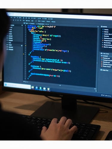 Over-the-shoulder shot of a data analyst working on a dark-themed IDE, vibrant blue code lines on screen, soft ambient screen glow, professional atmosphere, 35mm