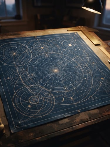 Architectural rendering of a complex astronomical chart as a technical blueprint, bathed in soft, warm interior light, deep shadows, geometric composition, 35mm.