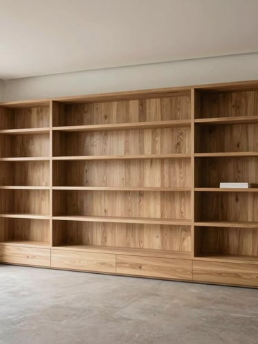 A modern, minimalist residential living room featuring custom built-in oak shelving and integrated architectural lighting. Clean structural lines, daytime.