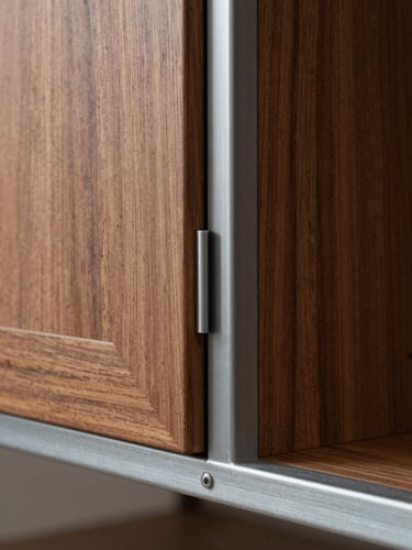 Close-up architectural detail of a flush-fitting custom walnut cabinet door meeting a steel frame, showcasing millimeter-precise joints and natural timber grain.