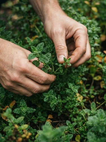 Macro shot of hands carefully harvesting delicate botanical leaves under soft, diffused overcast daylight, rich natural textures, deep green tones.