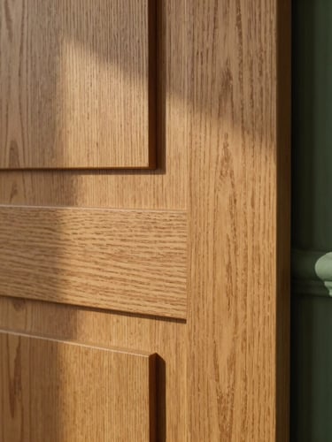 Macro studio photograph of architectural wood panel sample, showing detailed wood grain texture, warm oak tones, soft side-lighting, elegant shadow play, 35mm lens