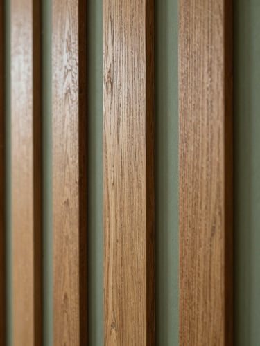 Macro shot of vertical oak wood panels, soft natural side-light highlighting the 3D texture, elegant architectural interior, 35mm lens