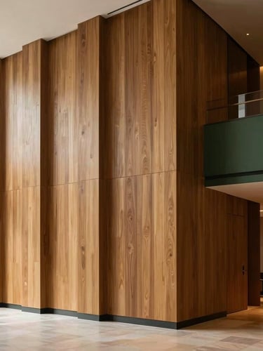 Wide-angle architectural shot of the Hotel Áurea lobby, towering vertical oak panels, soft natural side-light, elegant minimalist interior, 35mm lens