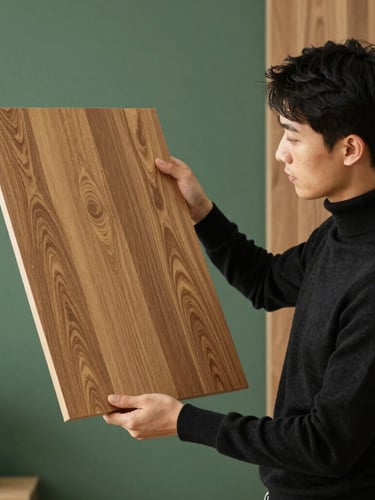 Architect in a black turtleneck holding a textured oak wood panel sample, examining the continuous grain under soft natural studio light