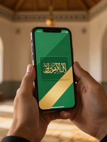 A close-up of hands holding a mobile phone displaying a digital green and gold member card with Arabic calligraphy, warm golden hour light in a wooden mosque interior.