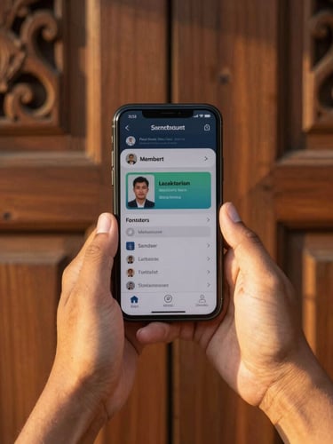 Close-up of hands holding a smartphone displaying a digital member card, warm golden hour light, traditional Javanese wooden wall background.
