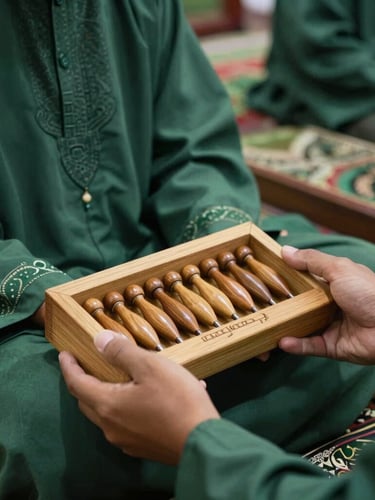 Foto dekat tangan seorang Kyai di Bawang Banjarnegara sedang memegang tasbih kayu dengan latar belakang sajadah hijau berornamen Islami