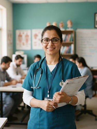 Warm academic portrait of a professional nursing educator in Peshawar, natural daylight, soft teal background, 35mm