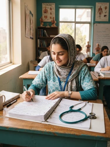 A Pakistani nursing student in a bright Peshawar classroom reviewing printed study notes, stethoscope on the desk, warm natural daylight, teal accents.