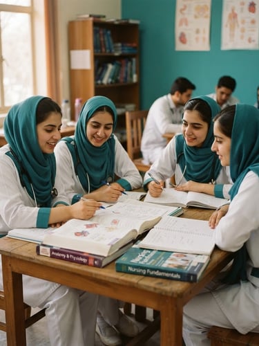 Warm academic photography of nursing students in Peshawar reviewing study notes in a bright classroom, soft natural daylight, clean teal accents, 35mm