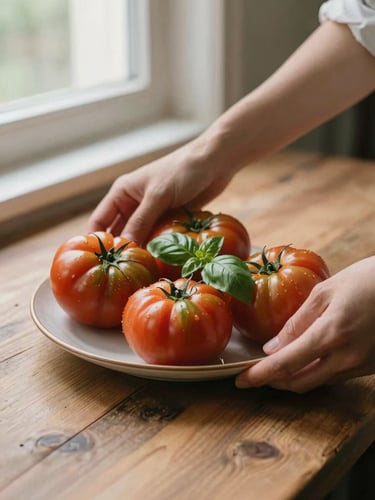 Hands of a food photographer adjusting a plate of fresh heirloom tomatoes and basil on a rustic wooden table, soft side window light, shallow depth of field, warm editorial style