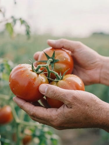 Tactile close-up of weathered hands harvesting fresh heirloom tomatoes in a sunlit field, soft overcast daylight, rich earthy tones, 35mm film aesthetic, shallow depth of field