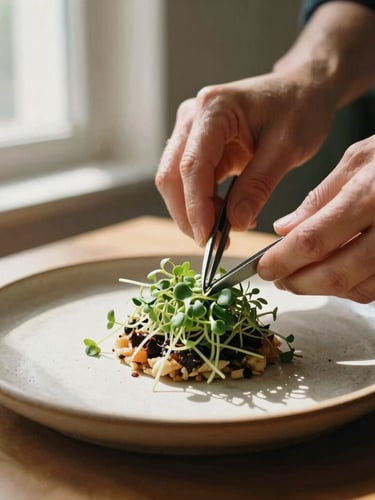 Hands of a chef carefully placing microgreens on an artisanal dish with tweezers, soft natural window light casting gentle side shadows, warm rustic ceramic plate, shallow depth of field, 35mm film aesthetic
