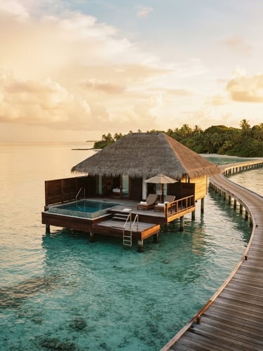 Wide shot of a luxurious overwater bungalow in the Caribbean at golden hour, turquoise waters, soft natural light, shallow depth of field, 35mm, no people, expansive sky.