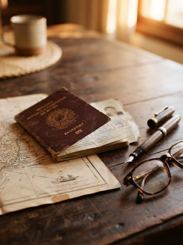 Passaporte e mapa antigo sobre uma mesa de madeira escura, com caneta e óculos, em luz dourada de fim de tarde, foco nos detalhes.